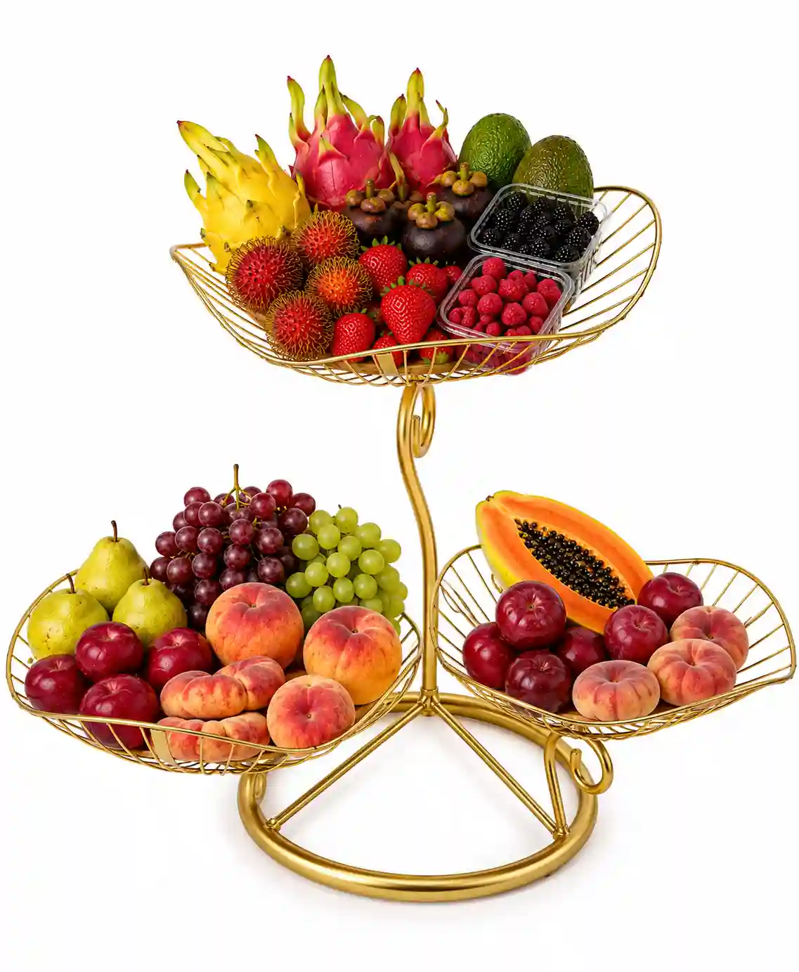 Luxury Triple-Tier Exotic Fruit Basket - Bag of Green
